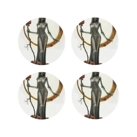 

Junzan Gothic Skeleton With Roses Print Coasters for Drinks - Leather Coasters Set of 4 for Coffee Table for Housewarming/Kitchen/Bar/Decor-Round Shape