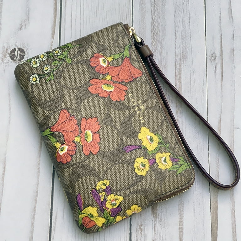 Coach Women's Corner Zip Wristlet, Khaki Floral Print