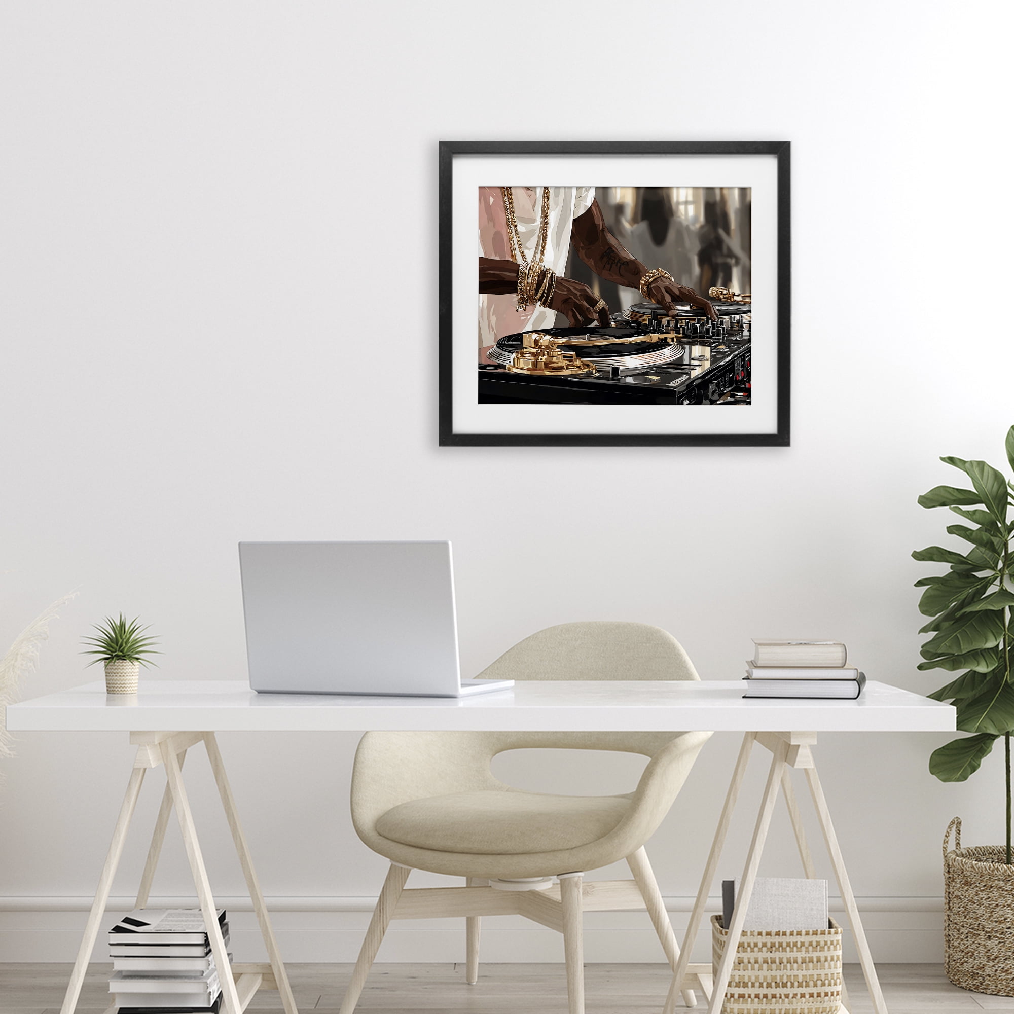 Stupell Industries Golden Sound DJ Turntables Black Framed Print Under Glass, design by Franklyn Gregory