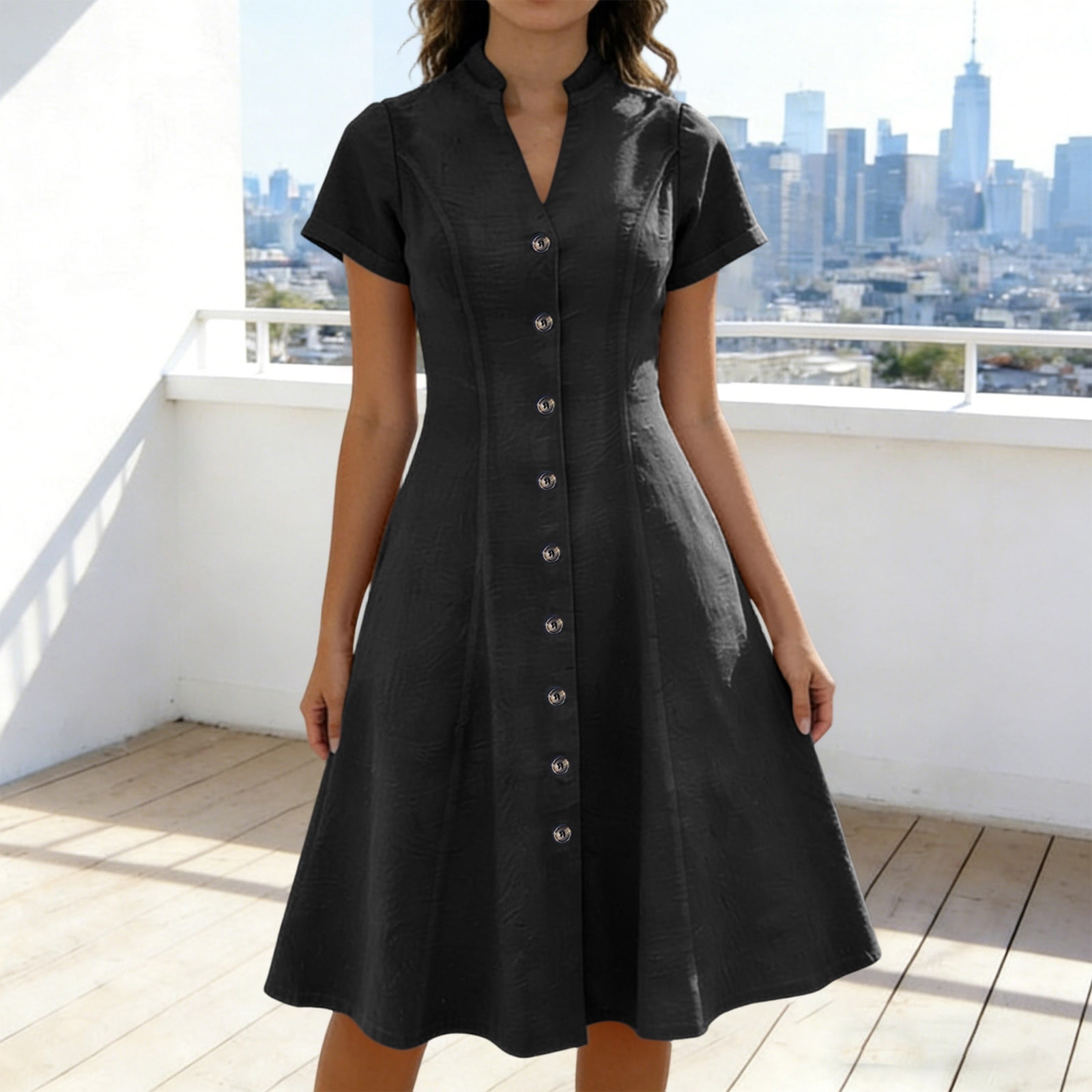 Fewfanhot Dresses for Women Elegant Classy Summer Fit and Flare Swing Cotton Dress Casual V-Neck Button Down Beach Midi Dress