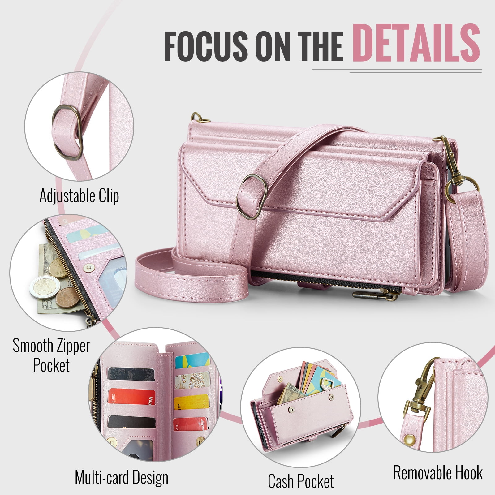 Compatible with iPhone 14 Pro Max 6.7 inch Zipper Wallet Phone Case Tempered Glass Screen Protector Crossbody Lanyard Strap Flip Card Holder Slot Cell Cover for iPhone14promax i14Max Women Rose Gold