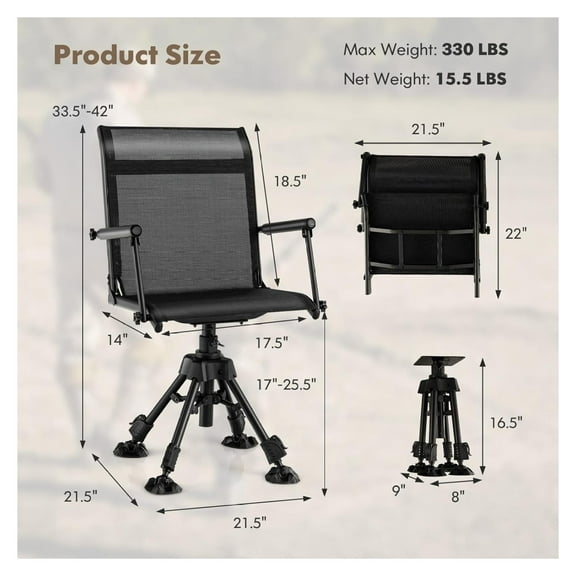 Swivel Hunting Chair, 360 Degree Folding Hunting Blind Chair with Adjustable Height, Arm Rest, Telescopic Legs & Feet, 330 LBS Silent Outdoor Ground Blind Seat for Deer Hunting Fishing