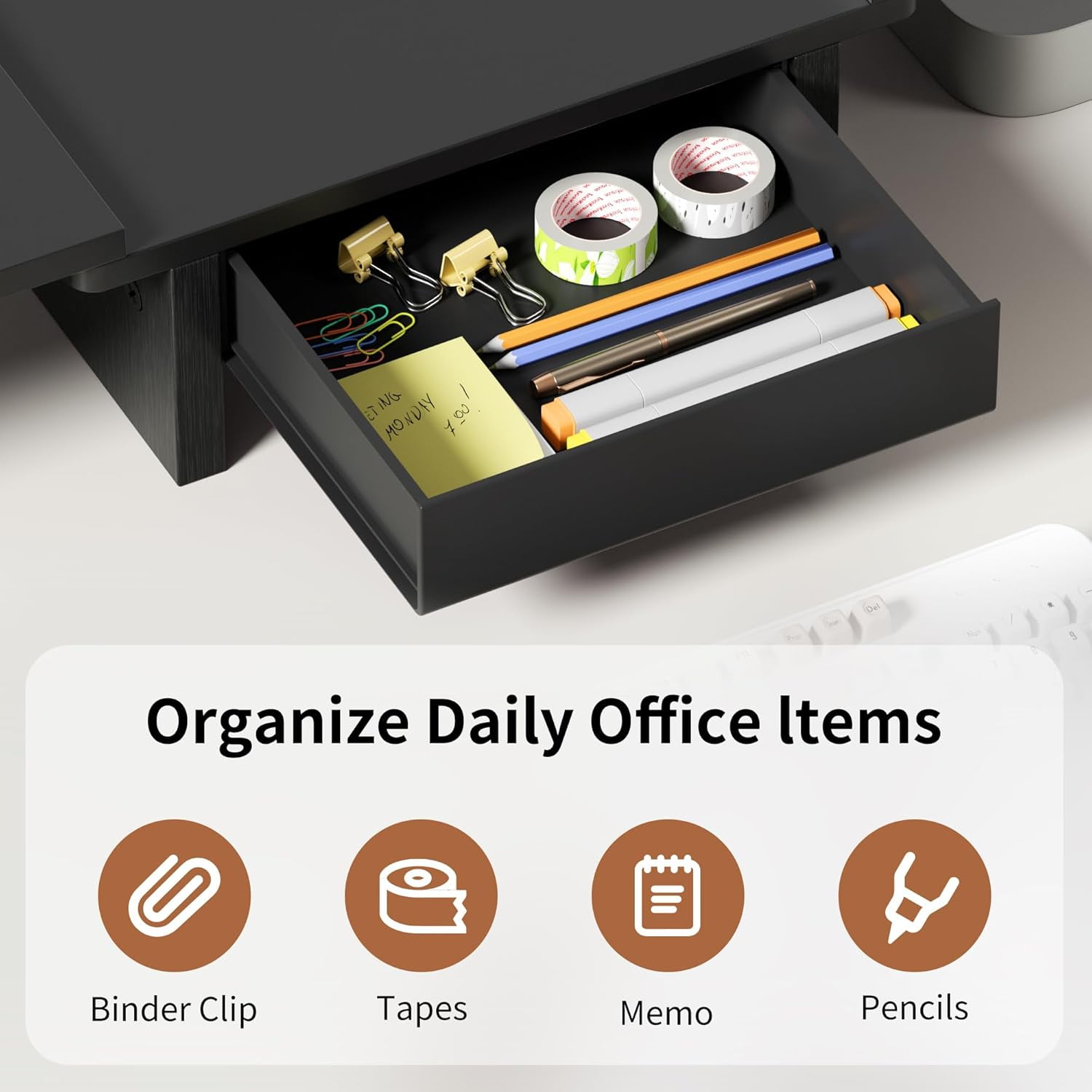 Dual Monitor Stand Riser with Storage Drawer - Adjustable Computer Monitor Desk Organizer for Office Home, Black