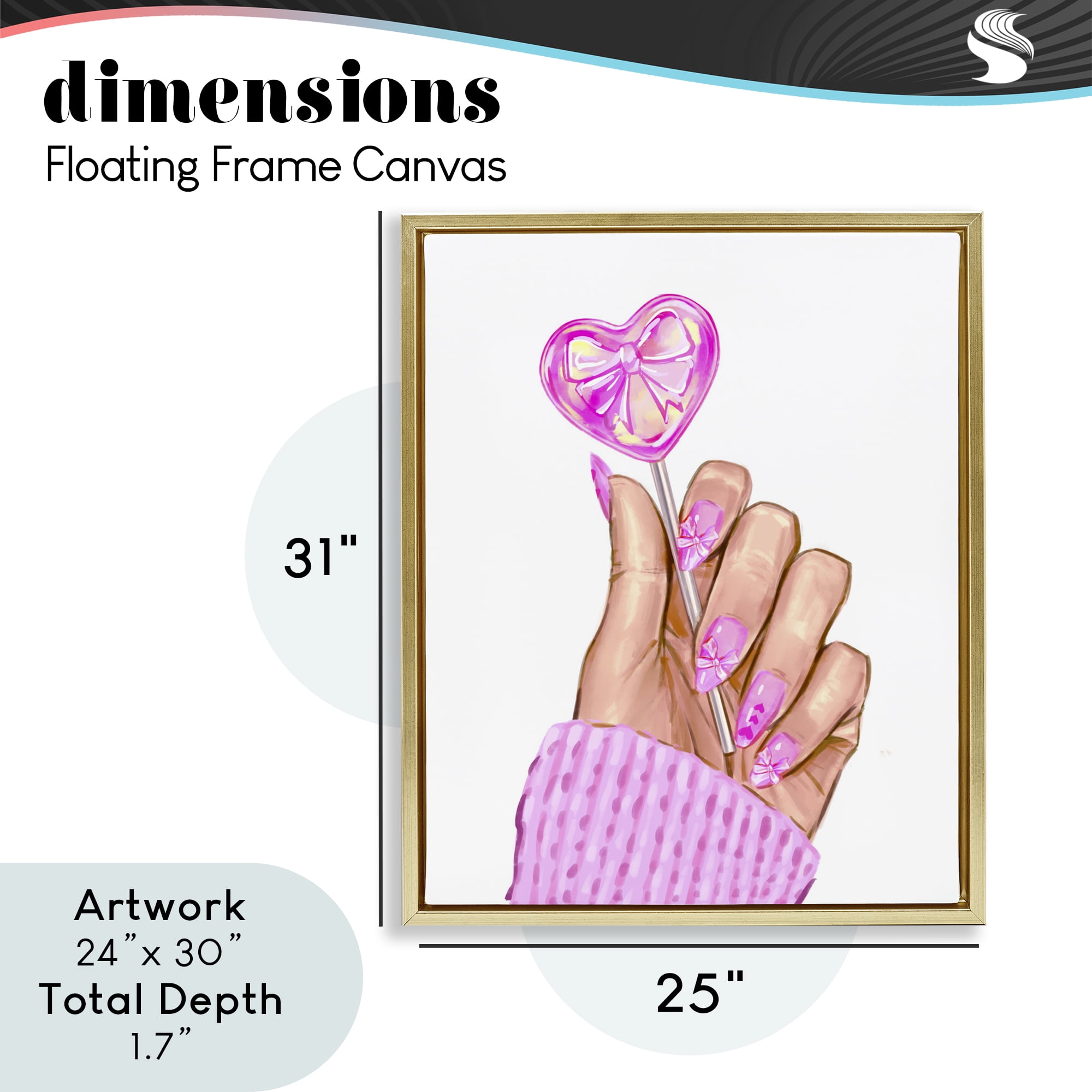 Pink Fashion Bow Lollipop Gold Framed Floater Canvas Wall Art, design by Ziwei Li