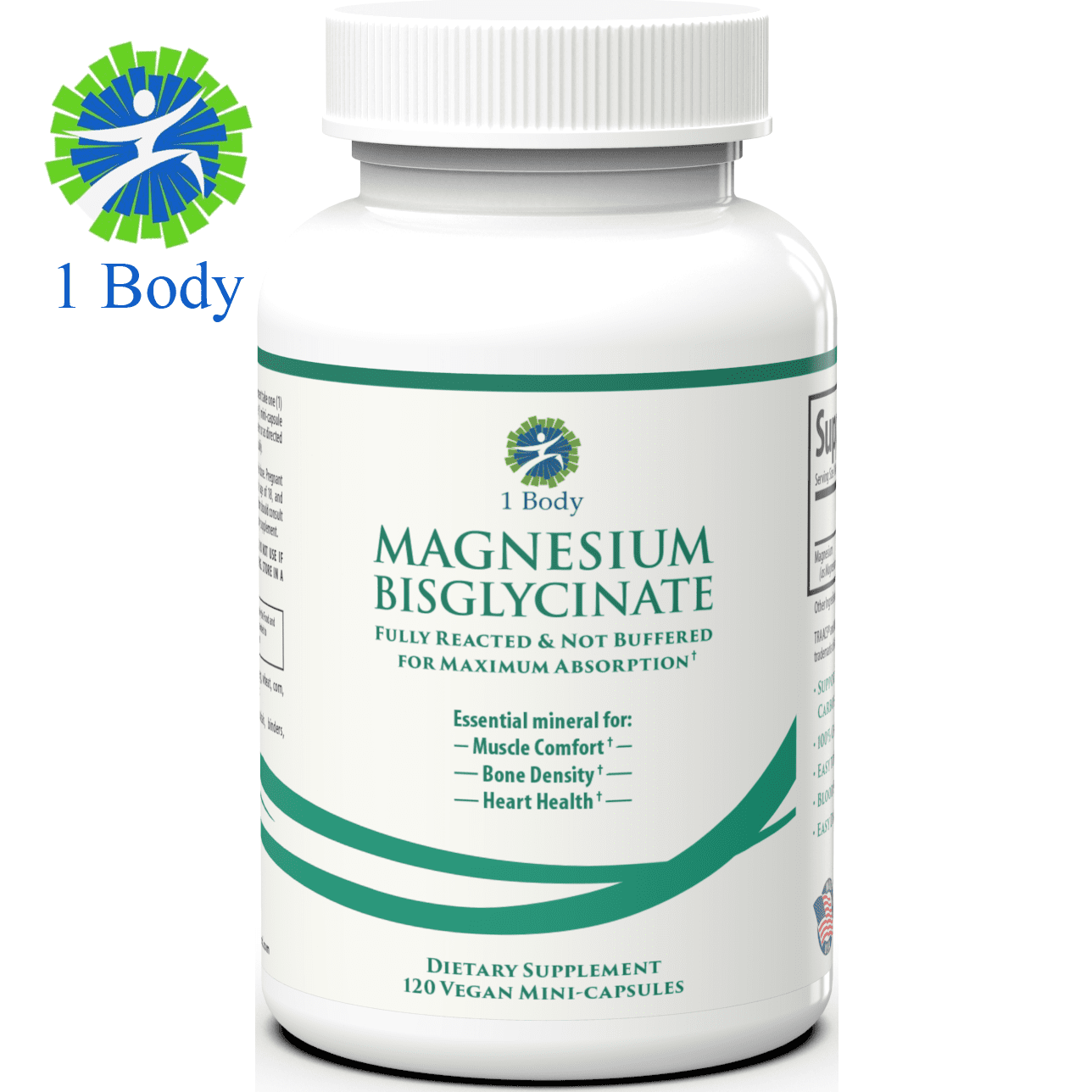 1 Body Magnesium Bisglycinate Chelated 44 mg Supplement 120 Vegan