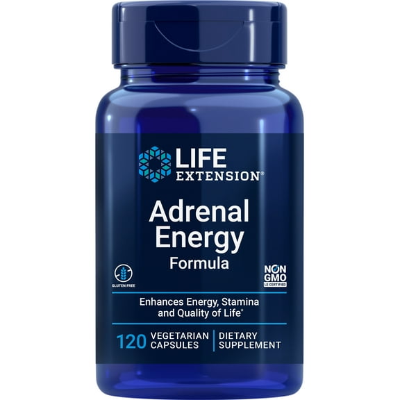Life Extension Adrenal Energy Formula, helps inhibit the effects of stress, holy basil, cordyceps, bacopa and ashwagandha, gluten free, non-GMO, vegetarian, 120 capsules
