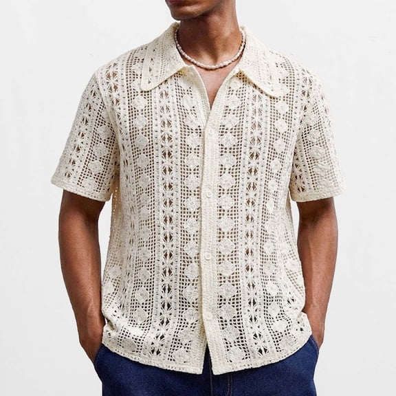 Dolkfu Summer Shirt Mens Lace Hollow Out Cotton Button Down Shirt Knitted See Through Mens Sheer Shirts L