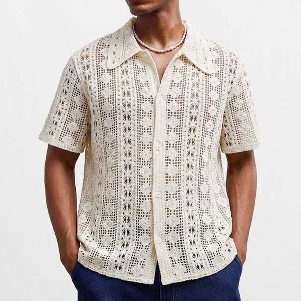 Ceisia Men's Summer Lightweight Floral Openwork Knit Short Sleeve Button Down Cardigan for Casual and Vacation Wear Multicolor XXL Gifts