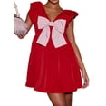 thumbnail image 3 of Women Babydoll Dress Tie Embellished Fly Sleeve Dresses A-Line Ruffle Flowy Short Dress Red XL, 3 of 9