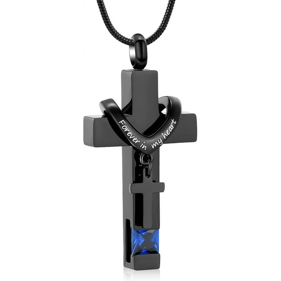 Birthstone Personalized Double Cross Urn Necklace Cremation Jewelry for Ashes Cross Ashes Keepsake Stainless Steel Memorial Cremation Jewelry