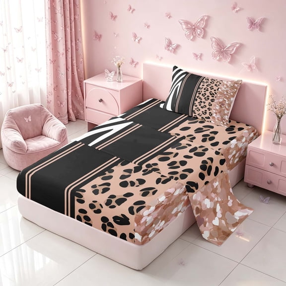 Homewish Animal Print Twin Sheets, Brown Zebra Leopard Print Bedding, 3 Pieces (1 Flat Sheet, 1 Fitted Sheet and 1 Pillowcase)
