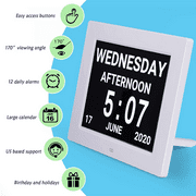 Calendrier numérique avec alarme de jour – avec grand écran de 20,3 cm, am pm, 5 alarmes, pour les personnes ayant une vision très large, les personnes âgées, la démence, pour bureau.