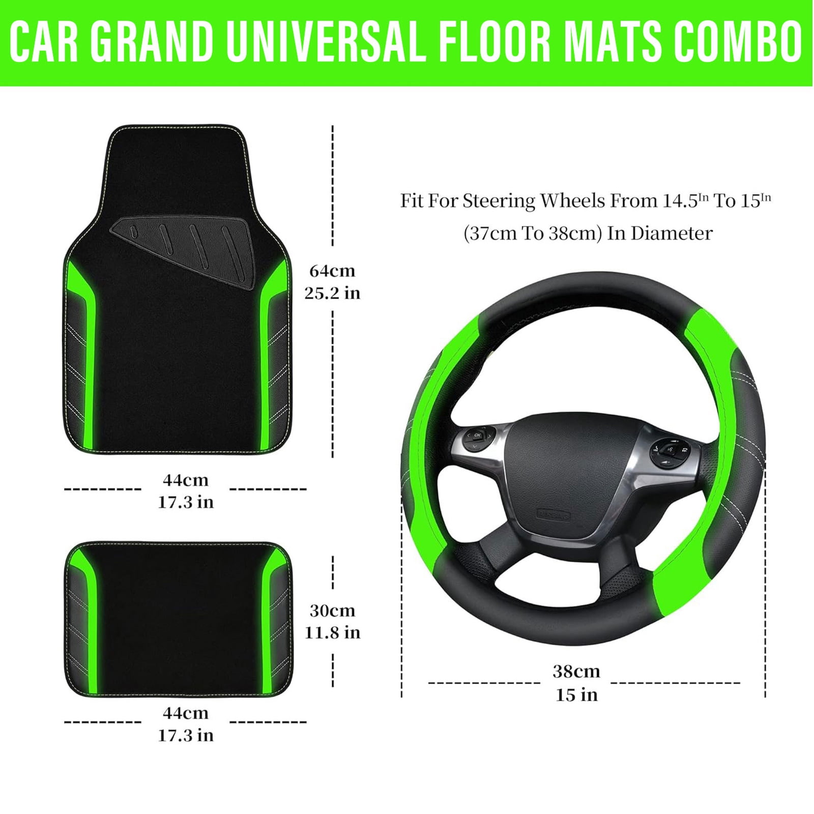 CAR GRAND Leather Steering Wheel Cover and Waterproof Carpet Car Floor Mats,Universal Fit Combo Pack Sedan,SUV,Cars, 14.5" to 15" Sporty Anti-Slip Fluoresence  Green