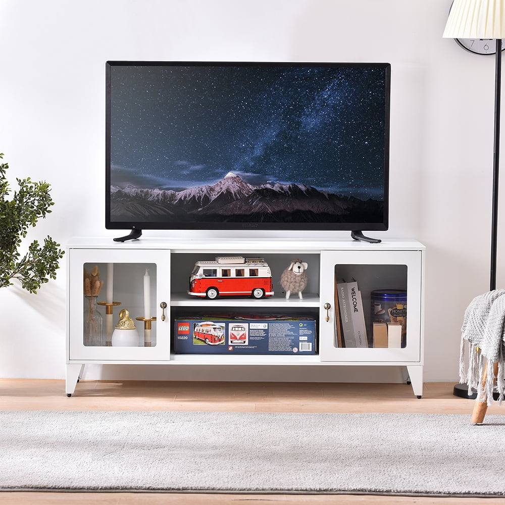Private Jungle Industrial Metal TV Stand with 2 Glass Door for TVs up to 55", White Private Jungle Industrial Metal TV Stand with 2 Glass Door for TVs up to 55", White