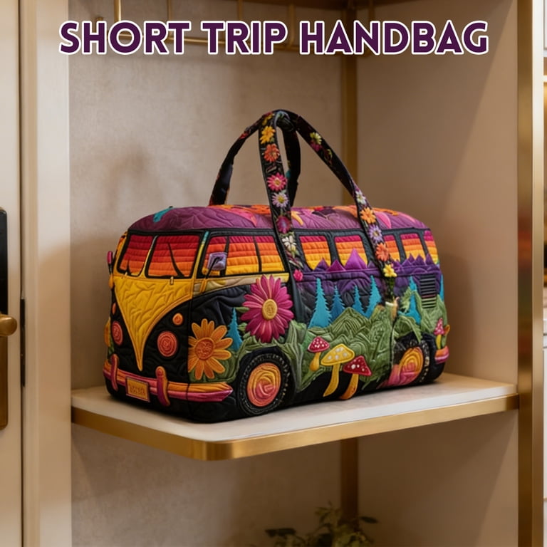 16x8x8 Inch Hippie Van Quilted Duffle Bag, Boho Travel Weekender