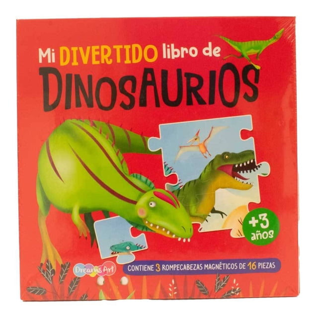 libro dreams art mi divertido libro de dinosaurios portada roja, vista frontal centrada con ilustraciones de dinosaurios verdes y piezas de rompecabezas; indica contiene 3 rompecabezas magnéticos de 16 piezas y edad +3 años; actividades para colorear y aprender sobre distintas especies, estilo gráfico vibrante y formato accesible para niños.