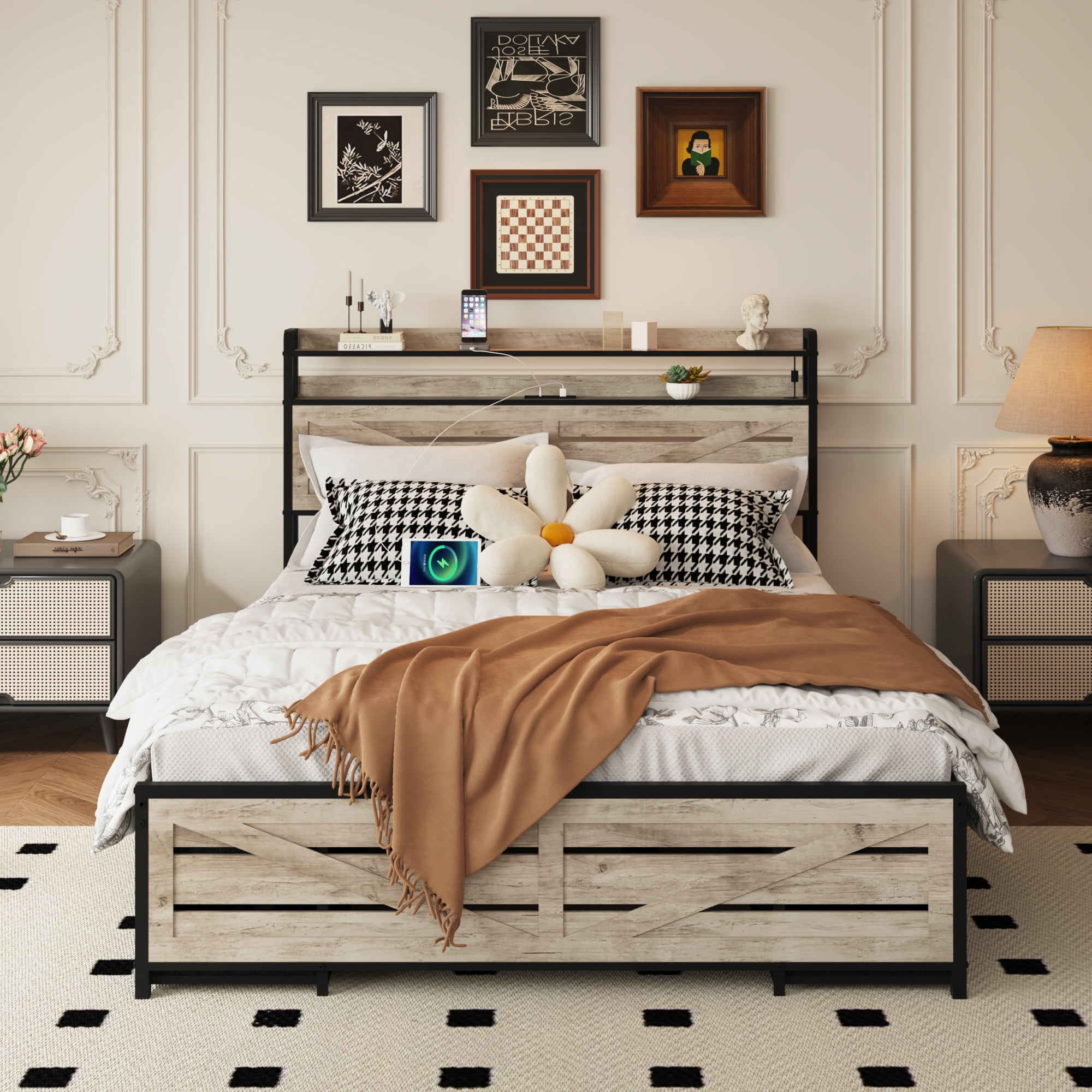 Leumius Full Size Bed Frame with 12 Drawers and LED Lights,Metal Platform Bed with Stroage Shlef,Gray