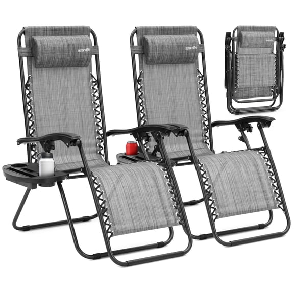 Zero Gravity Lounge Chair, Adjustable Steel Mesh Recliners, with Removable Pillows and Cup Holder Trays, Side Tables, Set of 2, Gray