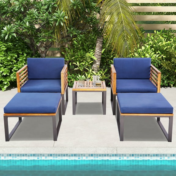 Costway 5-Piece Acacia Wood Patio Wood Chair Set with Cushioned Chair, Black/Natural/Navy Blue