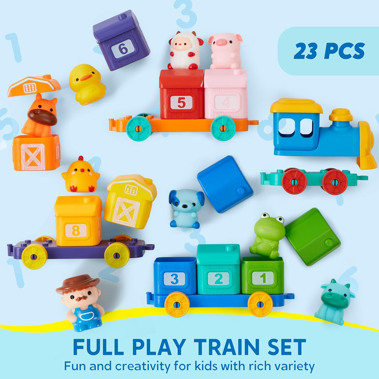 Joyfy Juguetes Educativos Montessori para Niños Pequeños de 1 2 3 Años, Tren de Contar, Emparejar y Clasificar con 9 Animales de Granja y 1 Títere de Dedo de Granjero, Regalo de Navidad y Cumpleaños para Bebés Niños y Niñas 6