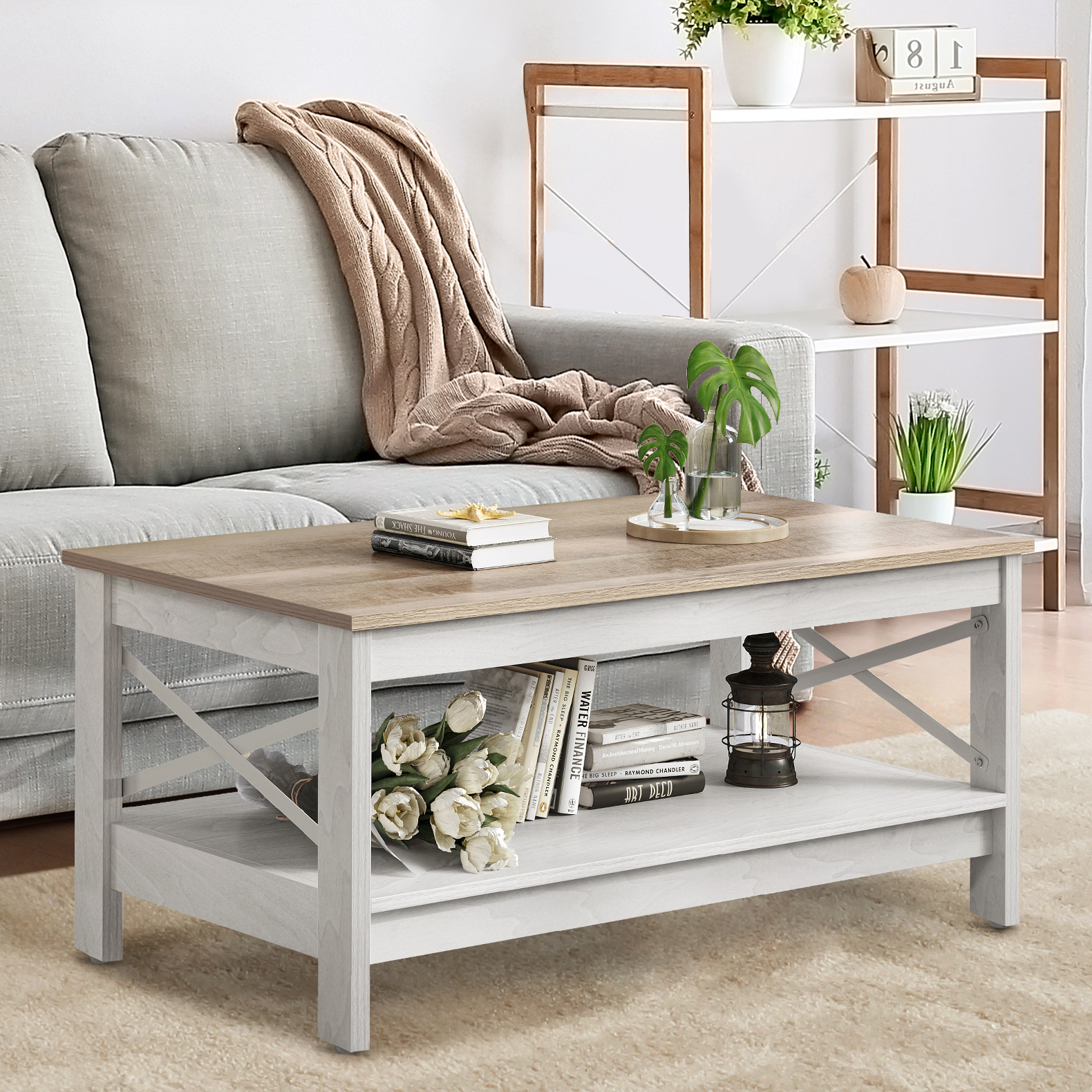 Dextrus Farmhouse Rustic Wood Coffee Table, Oak photo 1