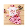 thumbnail image 3 of Inevnen Baby Girls 3PCS Valentine Outfits, Letter Short Ruffle Sleeve T-Shirt, Hearts Adjustable Suspender Short Skirt, Bow Headband (White Pink, 18-24 Months), 3 of 9