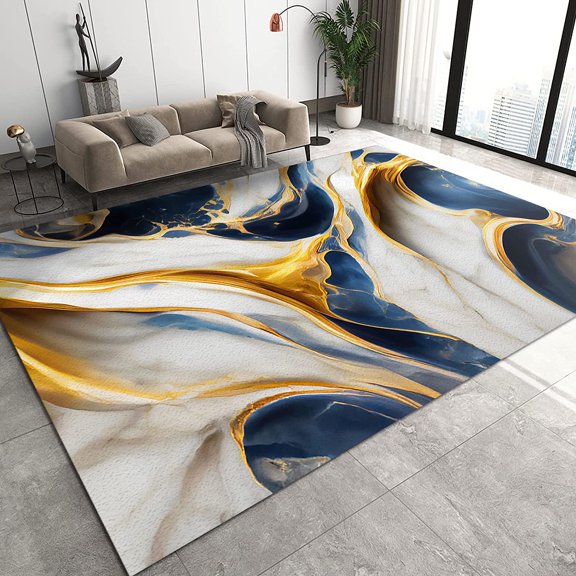 Blue Gold White Marble Area Rugs, Machine Washable Entrance Carpet, Living Room Carpet Fuzzy Plush Soft with Non-Slip Backing Apply to Office Family and Pet Farmhouse,2x3ft