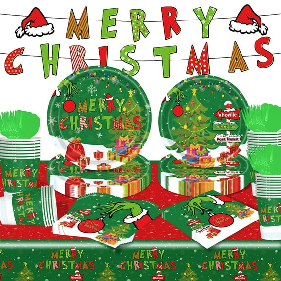 Moerstar 146Pcs Christmas Party Supplies, Christmas Plates and Napkins Party Supplies, Christmas Themed Party Tableware Set for  Serves 24, Green