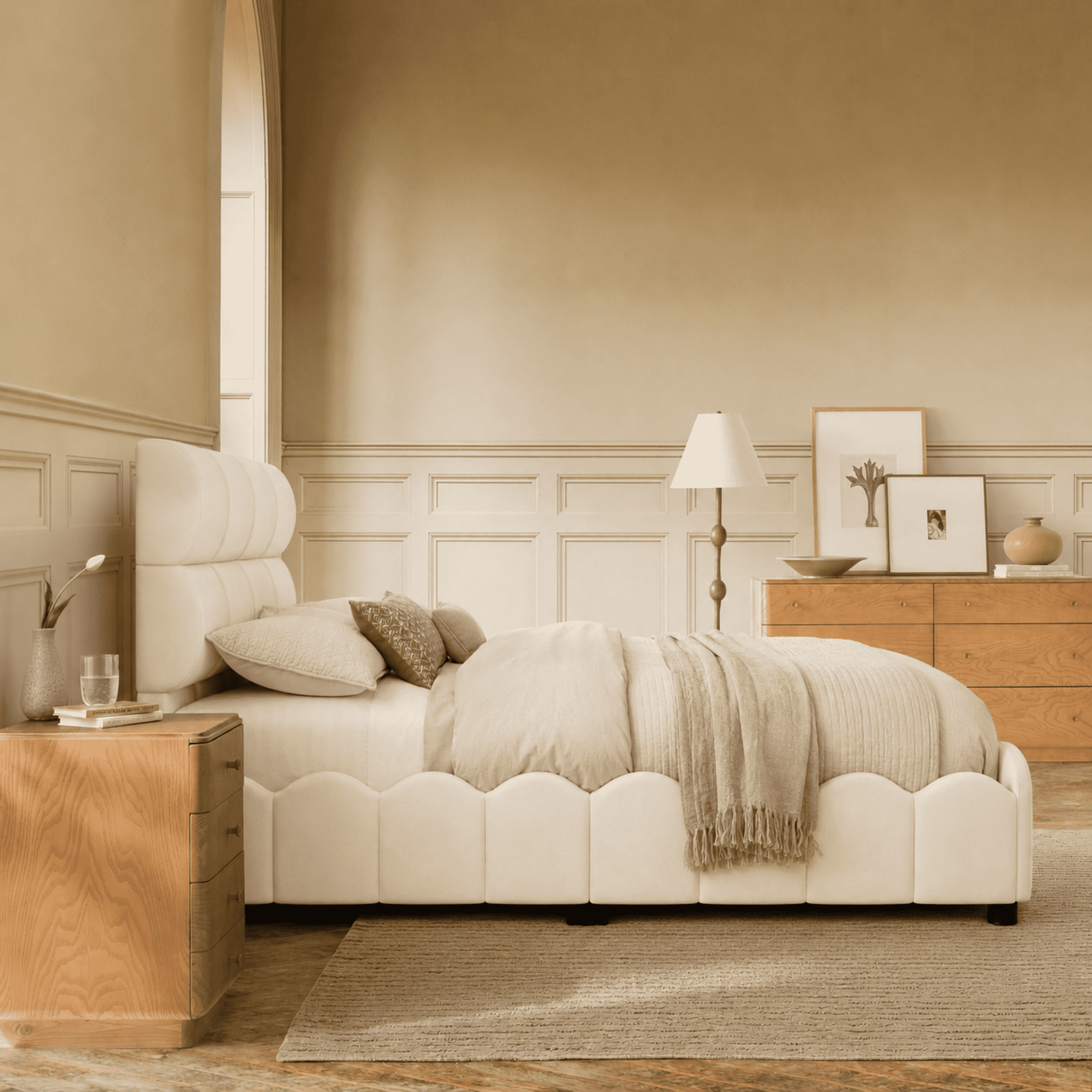 Euroco Upholstery Velvet Twin Size Platform Bed with Tall Panel Headboard, No Box Spring Needed, Beige