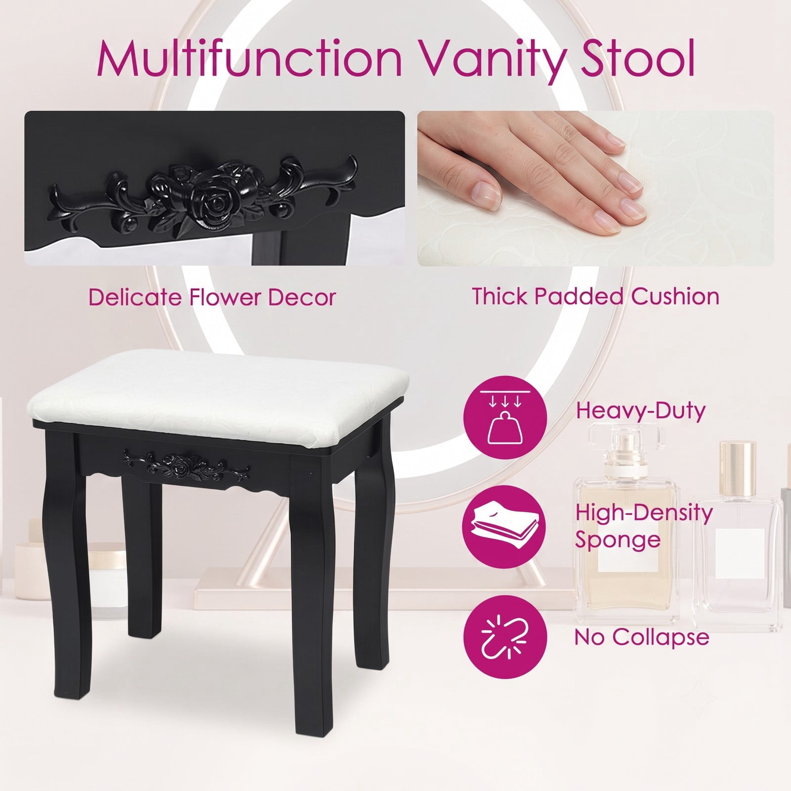 Furnibear Vanity Table Set with 10 Dimmable Light Oval Mirror and Cushioned Stool and 5 Drawers for Bedroom Makeup and Dressing, Black