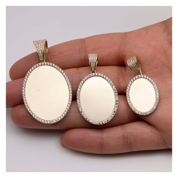 CZ Framed Oval Medallion Picture Memory Pendant Unisex Adult 10K Yellow Gold, All Sizes - Goldum NYC