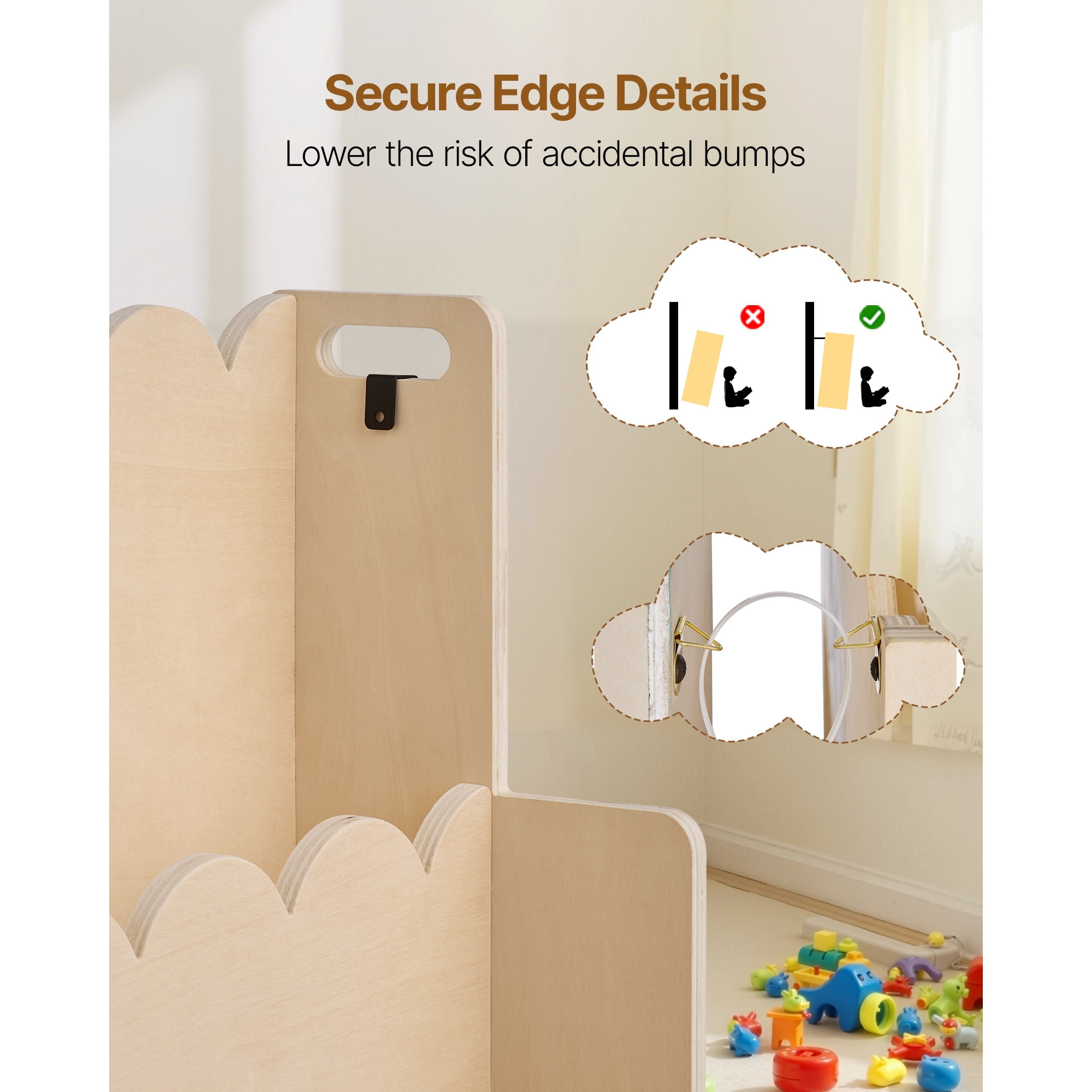 KFFKFF Montessori-Inspired 3-Tier Kids Bookshelf with Scalloped Design, Front-Facing Bookcase for Toddlers, Includes Dual Hooks for Backpacks, Ideal for Kids' Rooms, Living Areas, Entryways