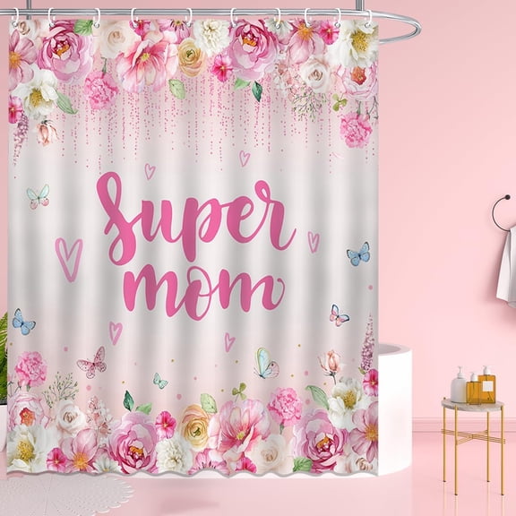 Happy Mothers Day Decroation Shower Curtain Set Pink Flower Butterfly Bathroom Curtain Waterproof Fabric Polyester 72x72 INES Shower Curtain with 12 Hooks