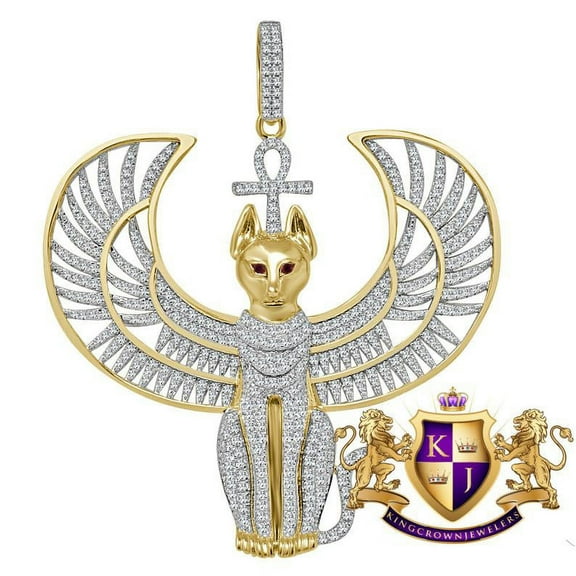 Big 3'' Real Yellow Gold Sterling Silver Anubis Egyptian God Ankh Cross Pharaoh Custom Charm Diamond Pendent