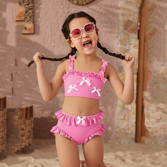 SHenli Swimsuit for Toddler Girls Sleeveless Bow Ruffle Strap Tankini Swimming Suit 2 Piece Bathing Suit for Beach