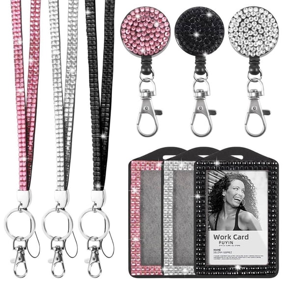 3 Sets(9 Piece), 3 Color Upgraded Rhinestone Lanyard for ID Badges for Women Cute, Bling Mom Lanyards for ID Badges Teacher ID Card Holder Crystal Retractable Badge Reel