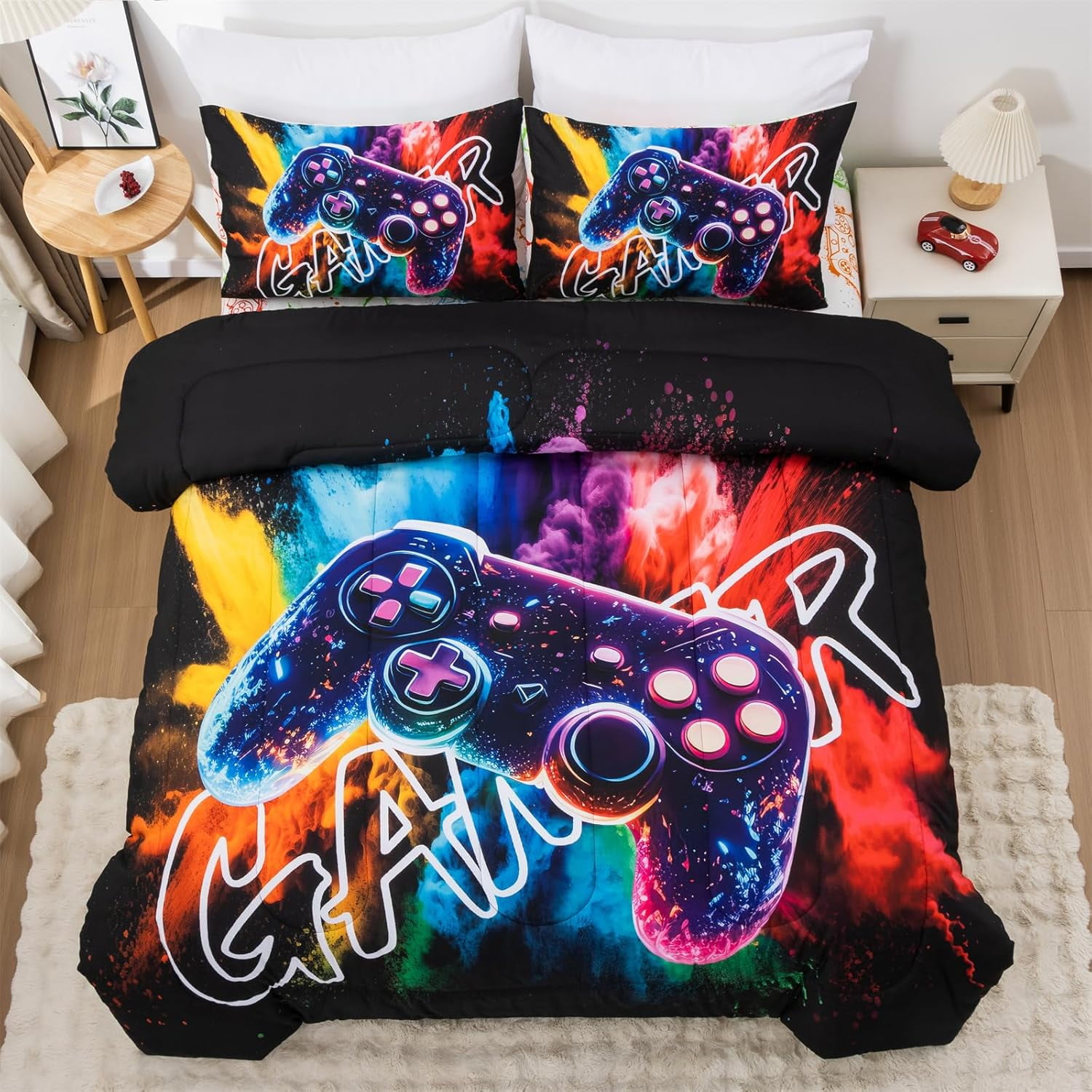 NTBED Gamer Gaming Bedding Sets 3D Gamepad Comforter Sets for Boys Games Console Action Buttons Novelty Colorful Game Controller Modern Room Decor Home Quilt Set (Black-Purple, Twin 6PCS)