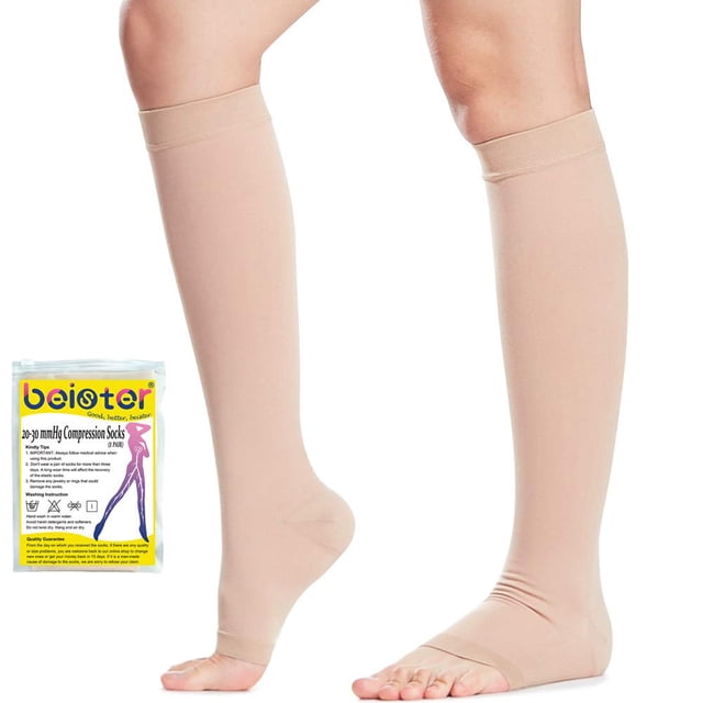 Medias de compresión médicas con banda de silicona, medias de compresión hasta la rodilla con punta abierta y soporte graduado firme de 20 a 30 mmHg