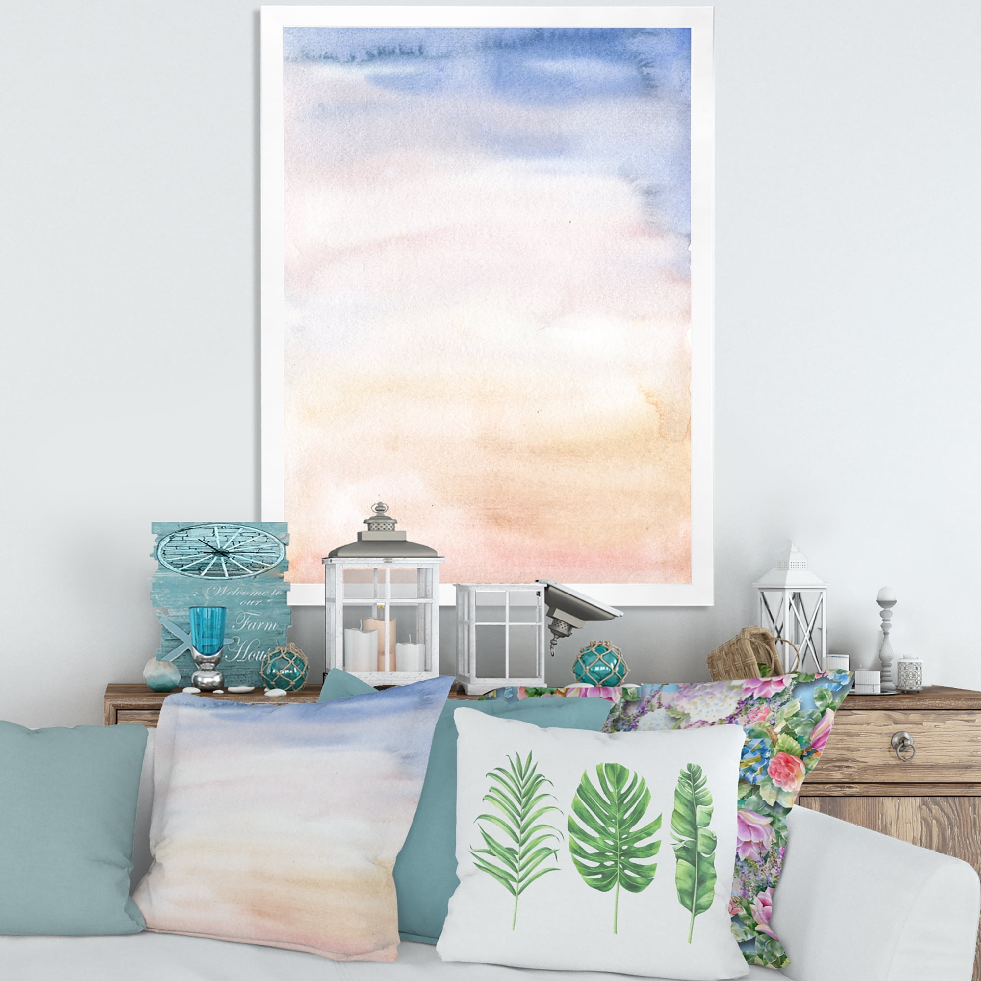 Designart 'Pastel Abstract With Pink Dark Blue and Beige Spots' Modern Framed Art Print