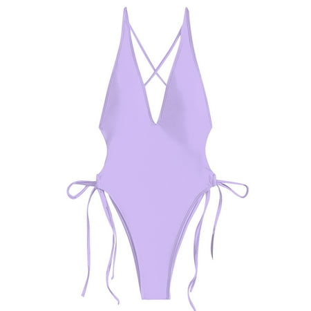Rgdypko Womens Swimsuits Tummy Control V Neck Tie Side High Cut Bathing Suit Swimwear Classic Beach Wear Purple S