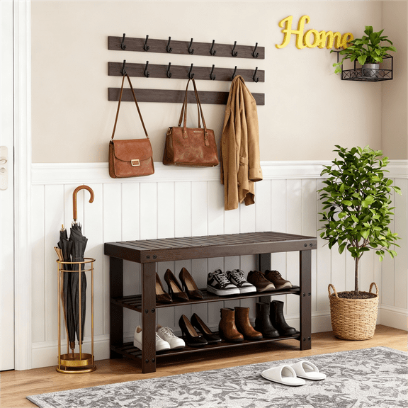 Blazezo Bamboo Shoe Bench for Entryway, 3-Tier Sturdy Shoe Rack Organizer, 286Lb Weight Capacity Storage Shelf for Shoes, Perfect as Hallway Bench for Front Door Entrance, Living Room, Balcony