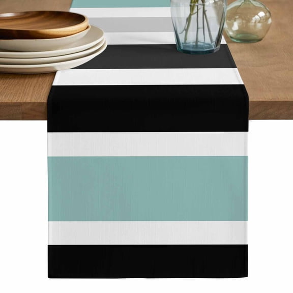 Turquoise Black Stripe Table Runner, Modern Abstract Coarse Striped Washable Cotton Linen Table Runners 120 Inches Long, Dresser Scarf Runner for Dining/Living Room/Kitchen/Square Tables 13''x120''
