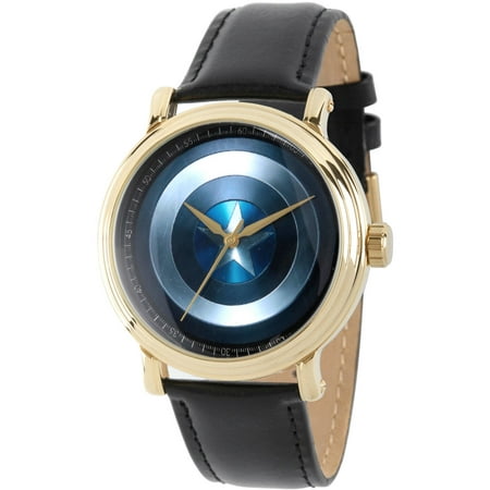 Marvel's Avengers: 75th Anniversary Shields Men's Gold Vintage Alloy Watch, Black Leather Strap