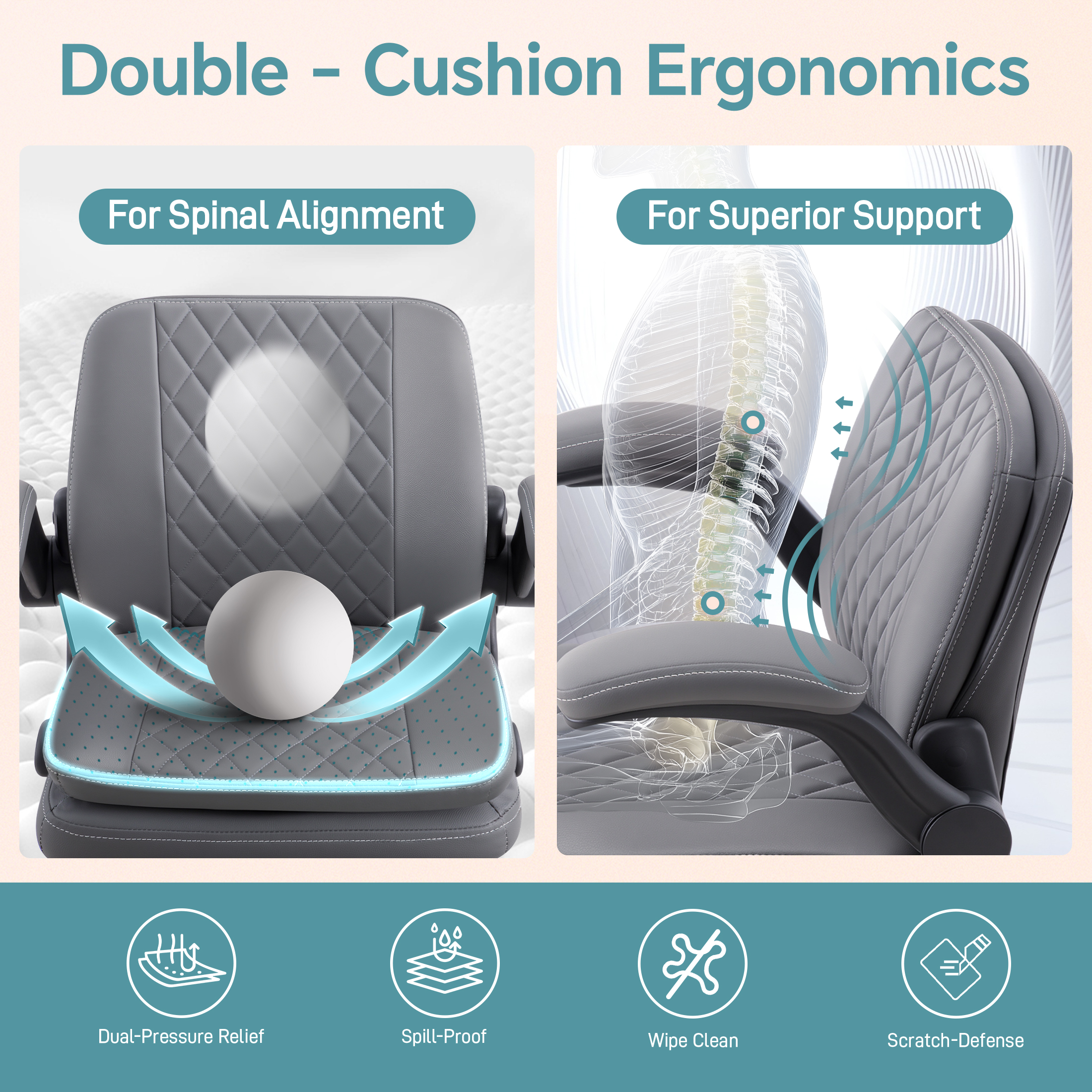 Dhole High Back Ergonomic Office Chair - Adjustable Swivel Chair with Lumbar Support, Flip-Up Arms, Retractable Footrest & Brown Diamond PU Leather for Home Office Desk-Gray