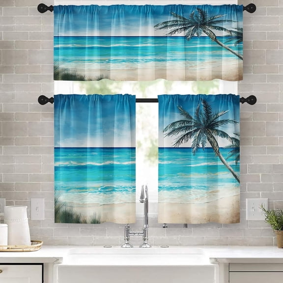 36 Inch Kitchen Curtains Summer Sea and Beach Window Curtains and Valances Set of 3, Coconut Tree Background Short Tier Curtain for Kitchen,Vintage Small Kitchen Decor