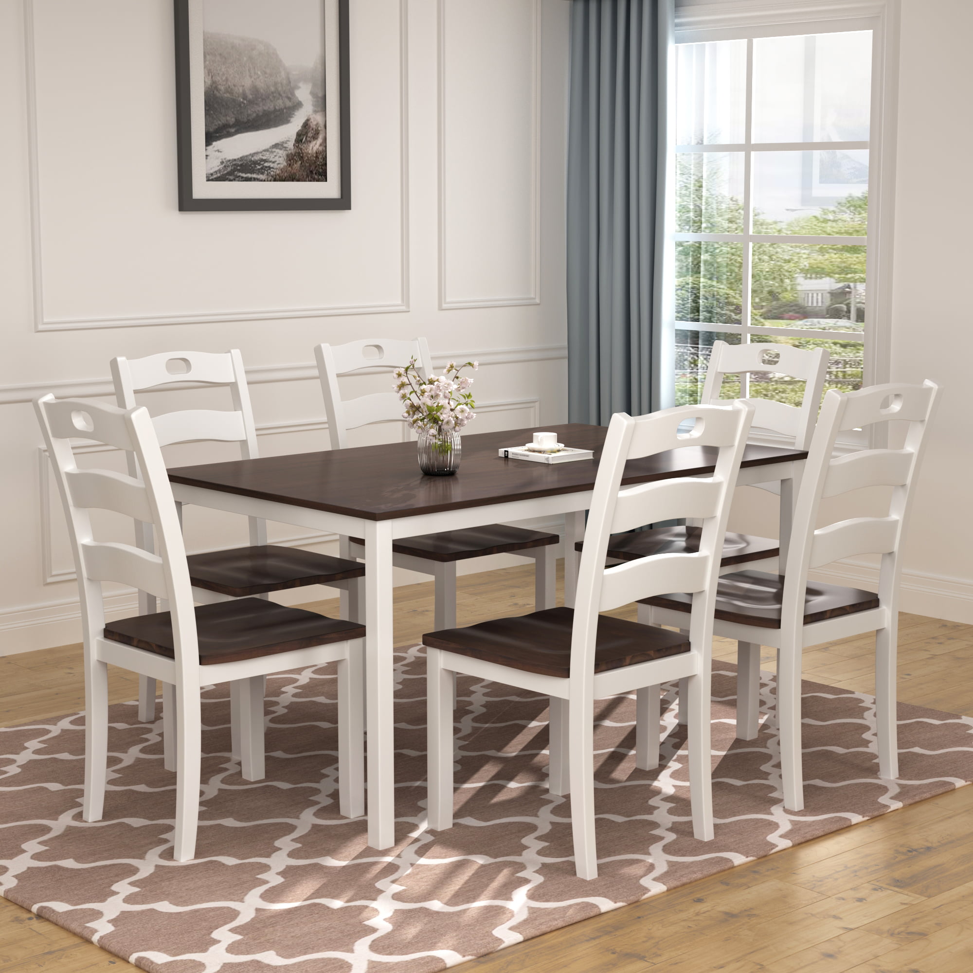 Clearance! Dining Table Set with 6 Chairs, 7 Piece Wooden Kitchen Table ...