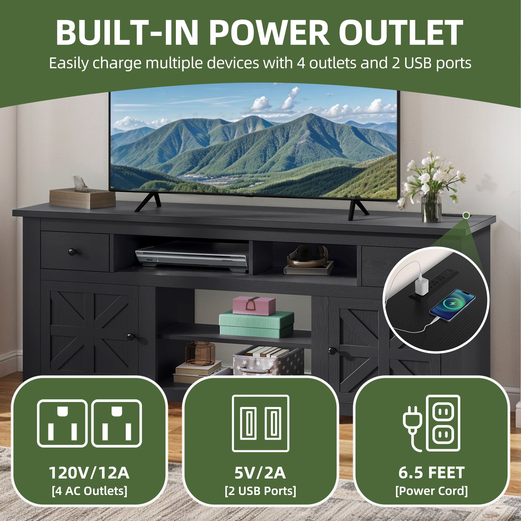 Uforic 70 Inch Modern Farmhouse TV Stand for 75/80 Inch TV with Built-in Power Outlets, 2 Cabinets & Open Compartments for Living Room, Black
