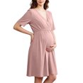 thumbnail image 2 of Women Maternity Solid Dress Summer Short Sleeve V-Neck Pleated Waist Dress Casual Breathable Pregnancy Clothes Pink XXL, 2 of 7