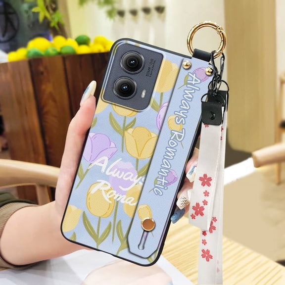 KDY-Phone Case For MOTO Edge 5G 2024, Durable Lanyard Ring Dirt-resistant Phone Holder Soft case Silicone Protective Fashion Design Flower Anti-dust Kickstand Wrist Strap Oil Painting