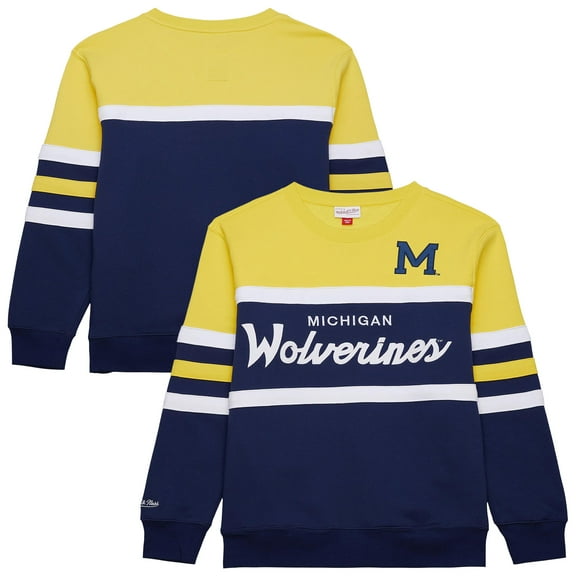 Men's Mitchell & Ness Navy Michigan Wolverines Vintage Logo Head Coach Fleece Pullover Sweatshirt